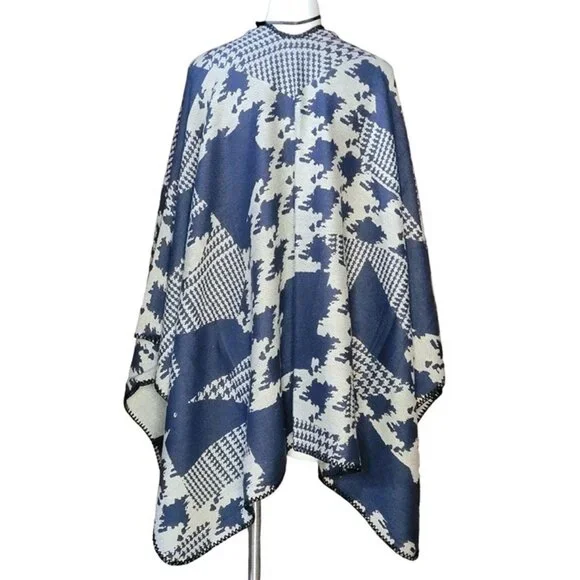 Marc New York Womens Poncho Wrap One Size Blue Beige Houndstooth Open Front - Picture 8 of 8